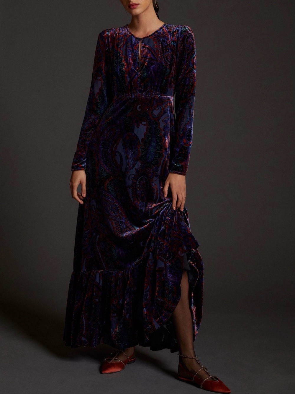 Anthropologie Burnout Velvet Paisley Maxi Dress Blue Purple Size 10